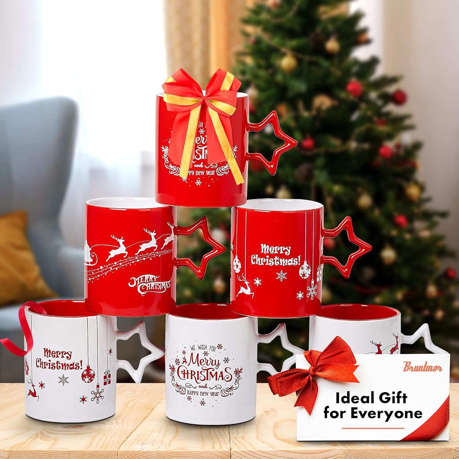 Red & White Christmas Coffee Mugs with Star Handle Set of 6 | Large-Sized Christmas Mugs 14 Ounce New Year Holidays Novelty Christmas Cups - Decorative DIY Christmas Cute Mugs for Hot or Cold