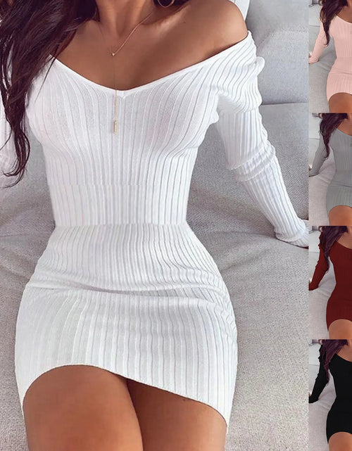 Load image into Gallery viewer, Sexy off Shoulder Long Sleeve Bodycon Dress for Women 2024 Spring Autumn White Knitted Sweater Mini Woman Dresses Robe Femme
